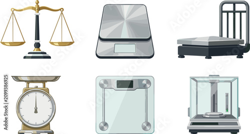 Photos Weight Measurement Scale Icon Set featuring Vintage Brass Balance, Digital Kitch