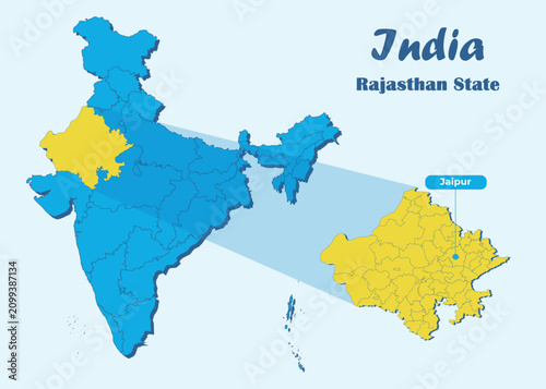Rajasthan state highlighted in yellow in Indian map with editable vector illustration. Political map showing the location of Rajasthan with Jalore marked, suitable for education, travel & geography.