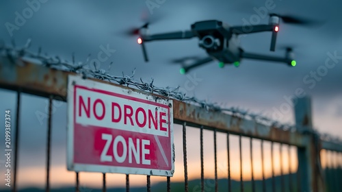 Drone flying over a barbed wire fence with a No Drone Zone sign, symbolizing privacy intrusion, security breach, surveillance, and restricted airspace.