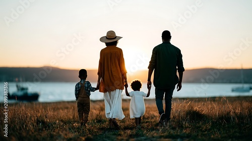 Back view of a happy family holding hands and walking toward the sunset by the sea, symbolizing unity, parenting, generational bonding, and a secure future.