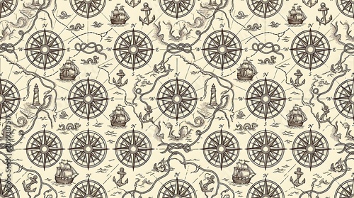 Vintage nautical map pattern with compass rose and sailing ships