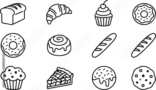 Foto Icon sat collection black and white bakery goods line art bread pastries and swe