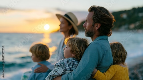 Side view of a loving family watching the sunset on a beach, symbolizing peace, parental protection, future hope, financial security, and deep emotional bonding.