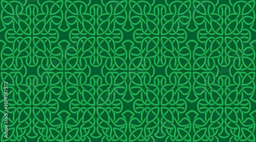Seamless green celtic knot pattern with intricate interlacing lines