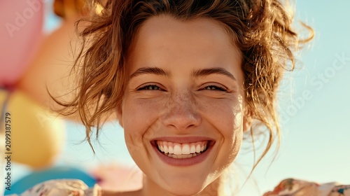 Close-up of a smiling freckled woman with balloons, symbolizing pure joy, authentic beauty, mental wellness, and carefree happiness.