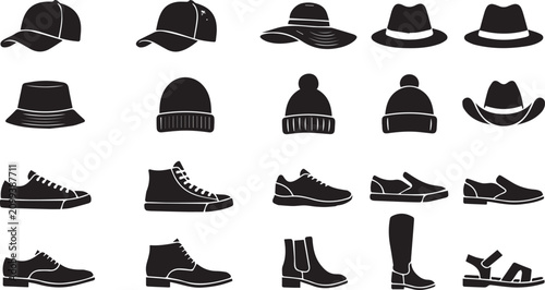 Collection of hats and shoes icons. Various headwear and footwear silhouettes.