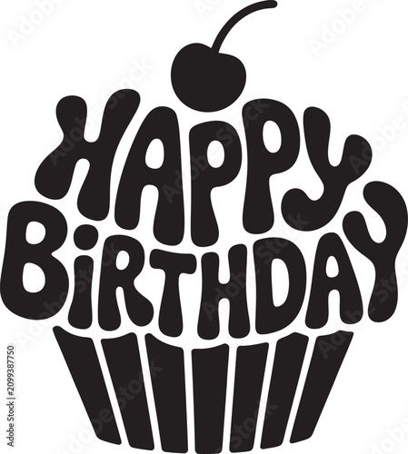 Happy birthday cupcake typography black silhouette for celebration cards and party decorations isolated on white background