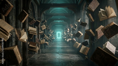 Floating books in a mysterious ancient stone library corridor