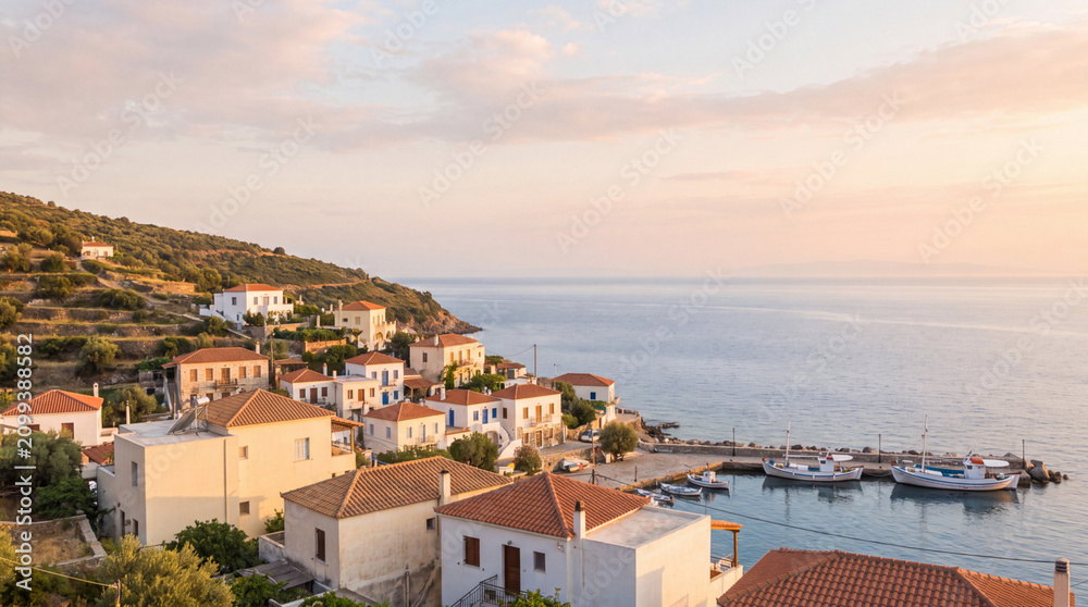Fototapeta premium Whitewashed coastal village with terracotta roofs on a hillside at golden hour