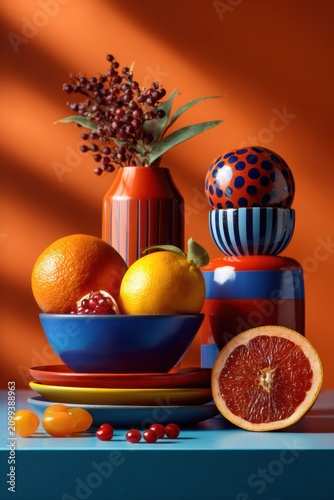 Stillleben mit gestreifter Vase, Protea-Blüte und Zitrusfrüchten vor orangefarbenem Hintergrund
