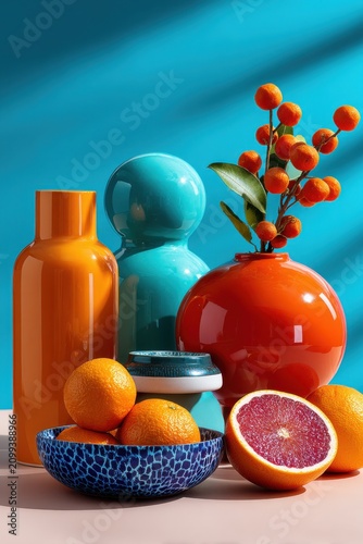 Stillleben mit orangefarbener und türkisfarbener Vase, Vogelbeeren und Blutorange