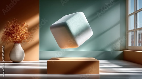 Schwebender weißer Würfel als minimalistisches 3D-Konzept in modernem Raum