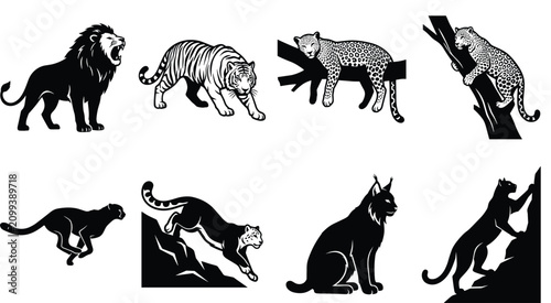 Quadro su tela Wild Big Cat Silhouette Vector Collection Featuring Lion, Tiger, Leopard, Cheeta
