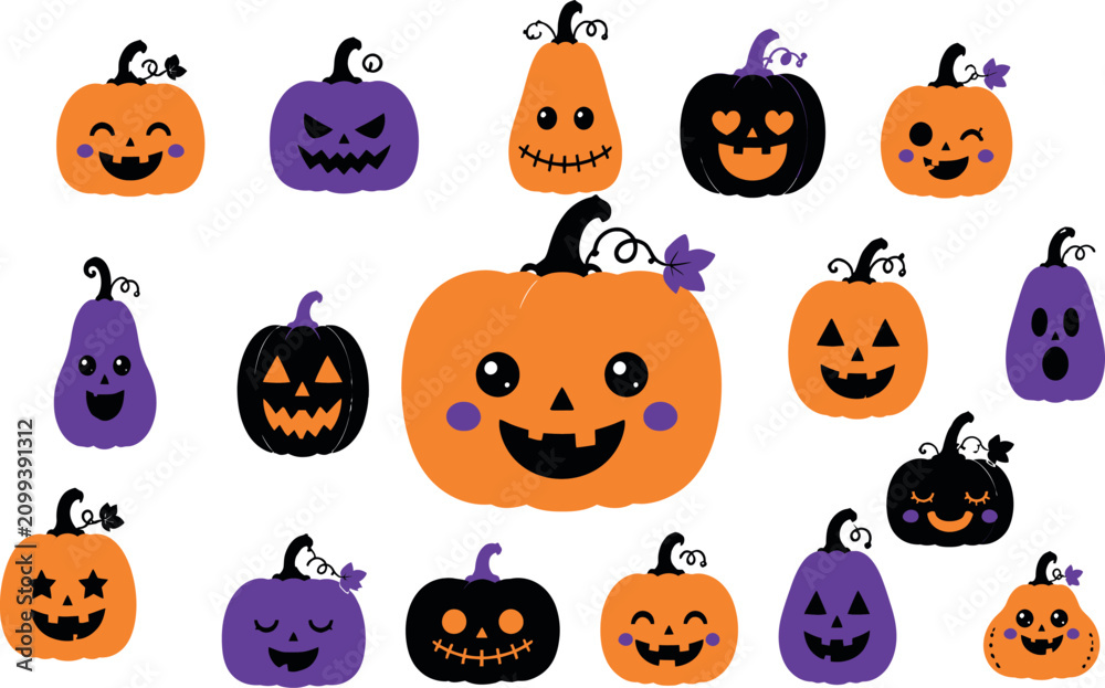 Fototapeta premium Cute Halloween Pumpkin Characters in Line Art Style