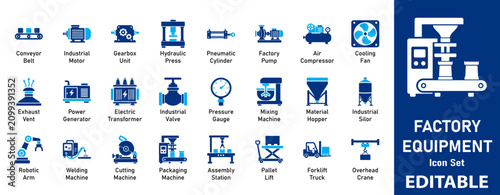 Industrial Machinery and Factory Equipment Icon Set - Manufacturing Tools, Production Line, Heavy Machinery and Automated Robotics