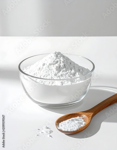 White powder in glass bowl and wooden spoon on white surface
