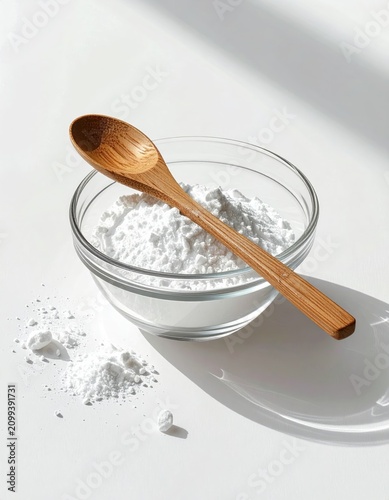 A wooden spoon rests on a glass bowl filled with white powder