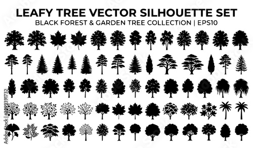 Cuadro en lienzo Generate a distinctive vector illustration containing 28 unique black leafy tree silhouettes isolated on a solid white background