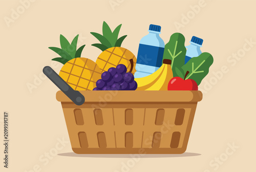Beautiful wicker picnic basket filled to the brim with fresh pineapples, grapes, bananas, a red apple, and water.