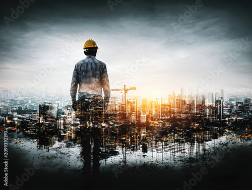 Worker silhouette merging with abstract building blueprint, soft pastel overlays