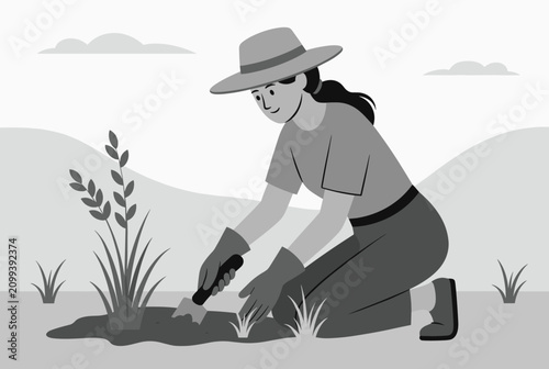 Black and white illustration of a happy female gardener wearing a wide hat while planting small green plants in the fertile soil.