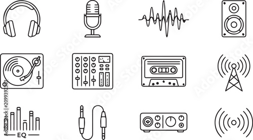 Photos Audio equipment icons, sound symbols, music technology, vector soundboard graphi