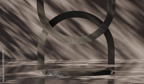 Circular podium with afternoon lighting and shadows, showcasing products, 3D illustration.
