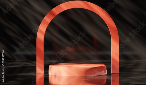 Circular podium with afternoon lighting and shadows, showcasing products, 3D illustration.