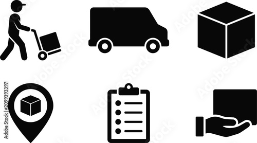 Foto Logistics and Delivery Service Icon Set Featuring Courier with Hand Truck, Cargo