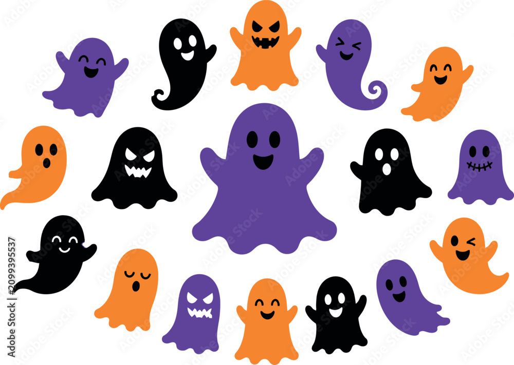 Obraz premium Halloween ghost and pumpkin face icons in flat vector design. Spooky cartoon characters for seasonal party decor and digital media.