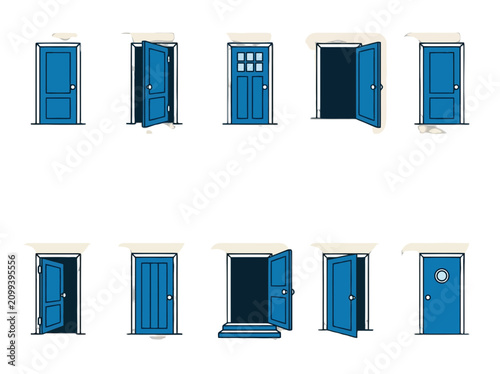 Blue portable toilet doors open and closed isolated on transparent background, Vector