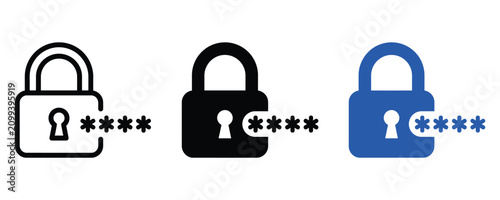 Photos Padlock icon set with password asterisk symbols for security and data protection