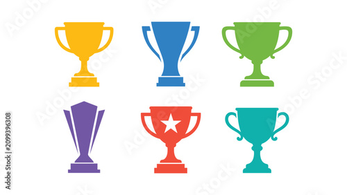 Minimal Trophy Icons Set – Premium Flat Vector Award Cup Collection in Bold Solid Colors for UI, Web, App and Branding