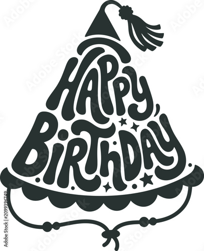 Happy birthday party hat typography with tassel for festive celebration greeting cards and party decoration