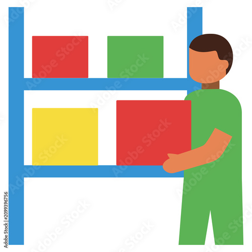 Warehouse Worker Stocking Shelves with Boxes Vector Illustration