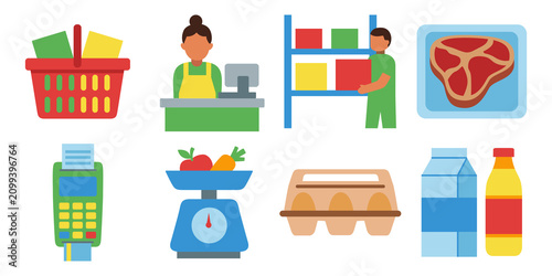 Flat Supermarket and Grocery Store Icons Set with Cashier Shopping Basket and Food Products