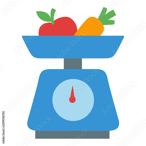 Blue Kitchen Scale with Apple and Carrot Healthy Diet Flat Icon