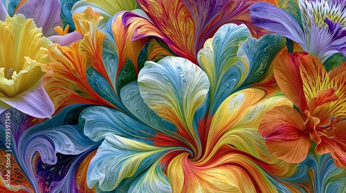 Exploding kaleidoscope of tropical flowers dissolving into vivid pigment waves, creating a saturated psychedelic botanical abstract background.