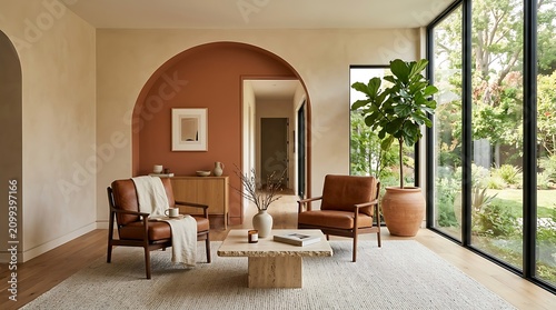 Modern minimalist living room interior. Cozy lounge area with leather chairs and arch wall.