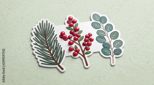 Holiday sticker design with pine leaves red berries and eucalyptus on white background for christmas decoration
