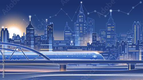 A futuristic blueprint-style digital artwork featuring a smart city at night. Glowing line-art skyscrapers, financial data graphs, and a bright sun illuminate the background, while a high-speed train 