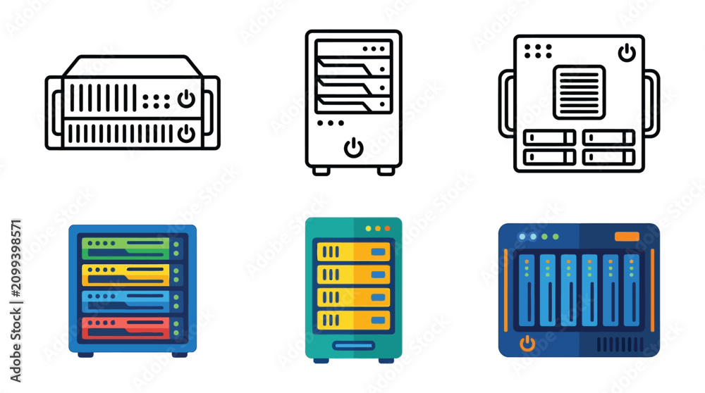Fototapeta premium Server Rack Icons In Colorful Line Silhouette