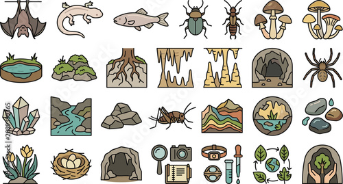 Bild auf Leinwand Cave exploration and underground ecosystem vector icon set containing bats rocks