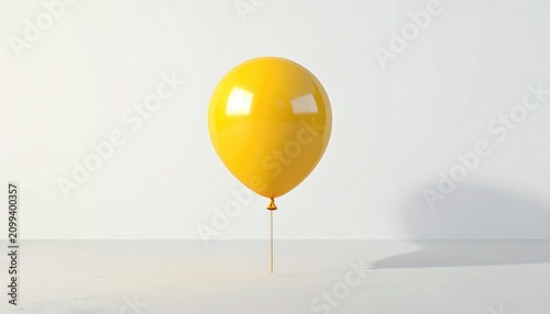 A single, bright yellow balloon floats on a thin stick against a white background