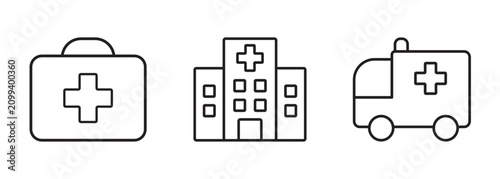 Medical and healthcare outline icon set. First aid kit, hospital and ambulance. Vector illustration.
