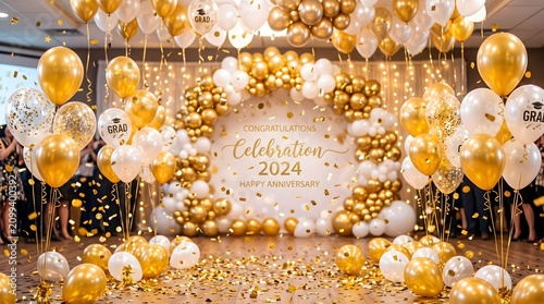 Gold and white party balloons with confetti for gala event.