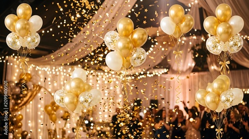 Floating golden balloons in ballroom with falling confetti.
