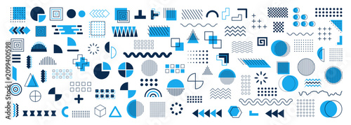 Collection of geometric shapes and abstract patterns in blue and dark blue on transparent background