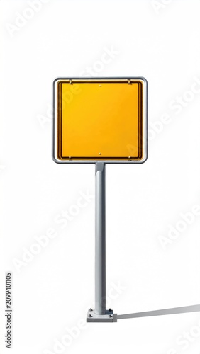 A plain yellow square sign on a metal pole casts a shadow on a white background