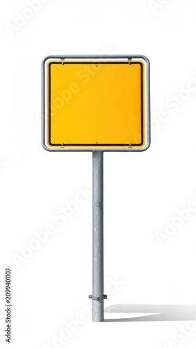 Blank yellow square sign on metal pole, white background, shadow below
